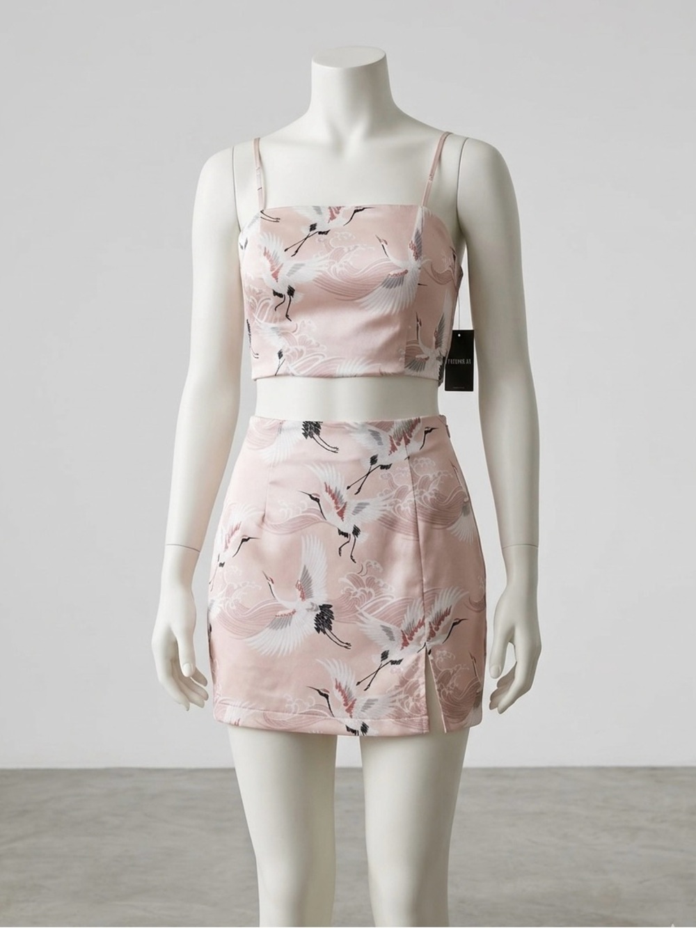 Forever 21 Blush Pink Crane Print Mini Skirt  and crop top set